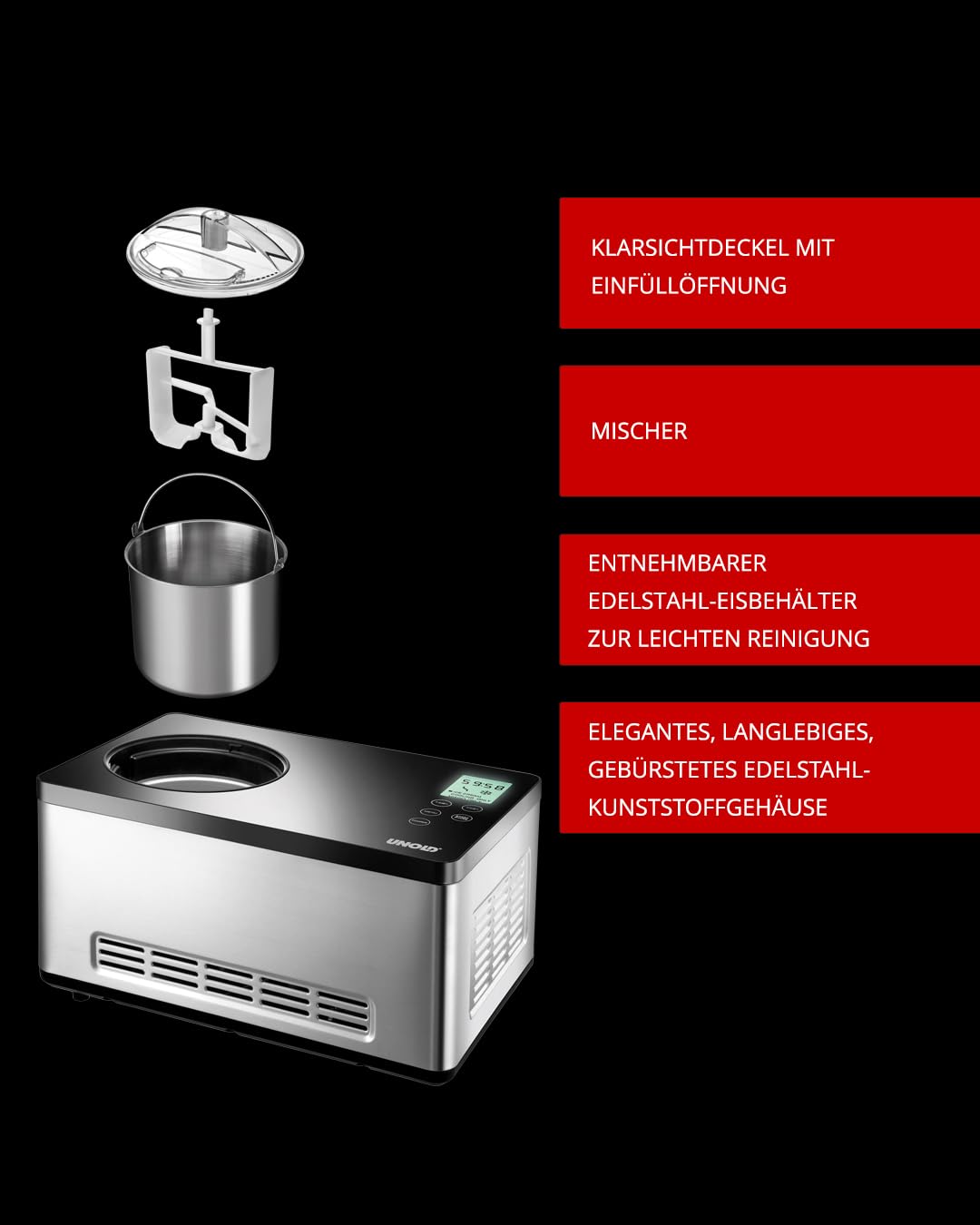 UNOLD 48845 Gusto Eismaschine mit Kompressor 2 L Edelstahl
