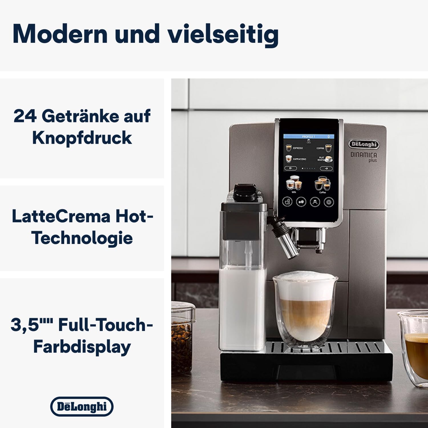 De’Longhi Dinamica Plus ECAM380.95.TB Kaffeevollautomat LatteCrema Titan Schwarz